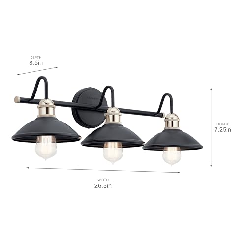 Image of Kichler Clyde 3-Light Bathroom Vanity Light Fixture with Vintage Industrial Design in Black Finish, Wall Mount Over Mirror Lighting for Bathroom (7.25 inch x 26.5 inch x 8.25 inch), 45945BK