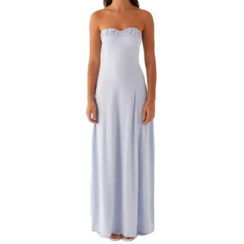 Image of Women Tube Top Maxi Dress 2025 Elegant Sleeveless Strapless Ruched Flowy Summer Long Wedding Party Cocktail Dresses