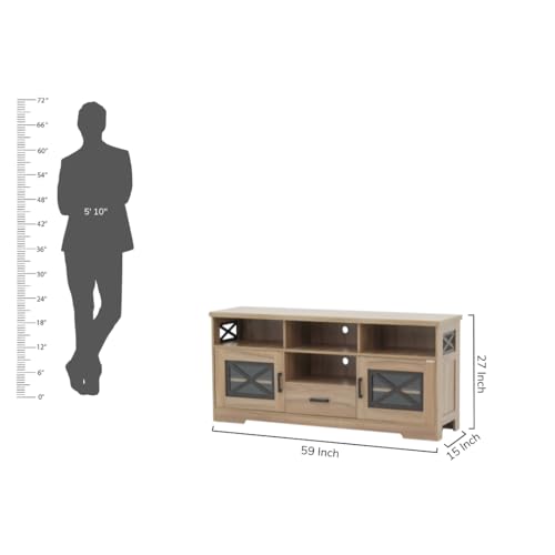 Image of Royaloak Miami American LCD Stand | Wooden TV Cabinet with Melamine Finish | Glass Panel Doors with X-Design | TV Unit for Living Room with Drawer Storage | Elevated Viewing with Telescopic Channels