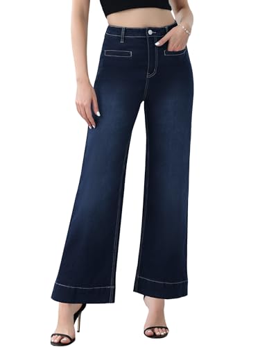 Genleck Ankle Wide Leg Jeans for Women High Waisted Boyfriend Stretchy Straight Trousers Pants with Pockets Trendy