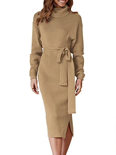 ANRABESS Women's Turtleneck Long Sleeve Knit Slit Slim Bodycon Tie Waist Pullover Midi Sweater Dress 2024 Fall Winter Outfits Khaki X-Large