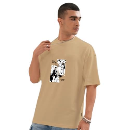 Men's Stylish Cotton Graphic Printed Round Neck 3/4 Sleeve Oversize T-Shirt (Peach)-image-2