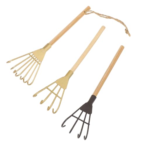 Housoutil 3 Stück Kleiner Gartenschaufeln aus Eisen mit Holzgriff Gartenrechen für Topfpflanzen und Bonsai Dekorative Gartengeräte für Outdoor und Fotorequisiten