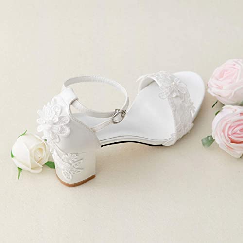 Women's Bridal Shoes Open Toe Comfortable Mid Block Heel Lace Satin Ankle Strap Wedding Dress Pump Sandals4