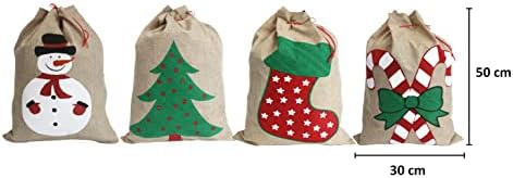 Sparkling Christmas 35X50cm Medium Sacks. 4-Pack Xmas Linen Hessian Drawstring Goody Gift Bags for Christmas Treats 4 Designs Snowman Tree Boots Cane