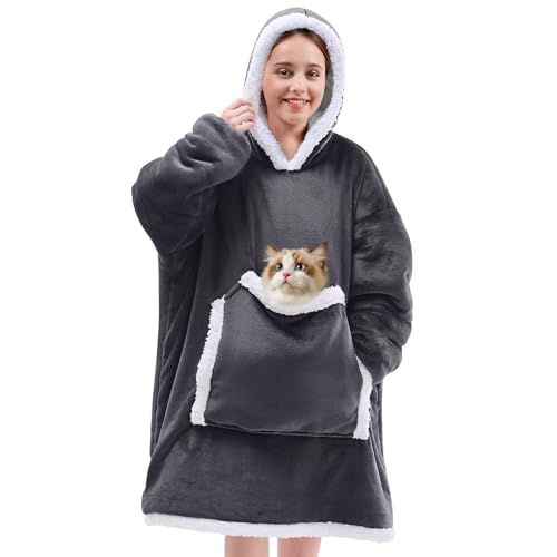 JOYWOO Oversized Wearable Blanket Hoodie, Long Hooded Blanket for Adult, Birthday Gifts for Women Men, Cozy Sherpa Sweatshirt Blanket with Giant Pocket, Gray