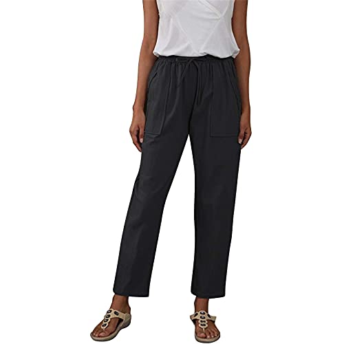 VESNIBA LLC Autumn Summer School Long Summer Winter Working School Cotton Linen Elastic Linen Home Trouser Pants (Black, XXL)