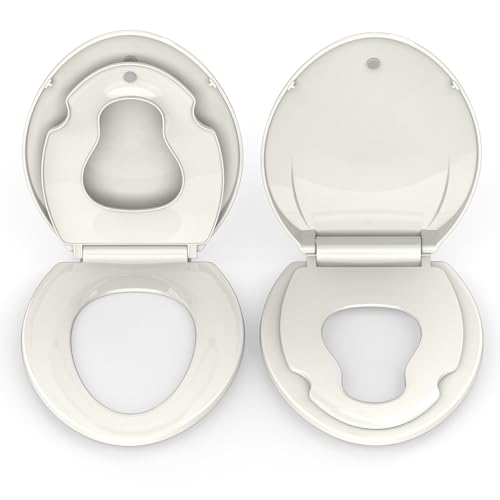 Elongated Toilet Seat with Built-in Toddler Seat for Easy Potty Training – Slow Close Feature,Easy Install and Clean, Perfect for Both Adults and Children,Biscuit
