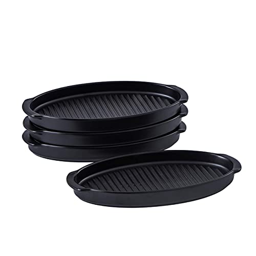 Bruntmor Porcelain Matte Glaze Sushi Sizzler Plate Black Serving Dishes Tray 10" (9" Inner Length) Plates For Eating| Oval Dish Dinner Set Of 4 Porcelain Oven Safe Plates With Handles #TOP2
