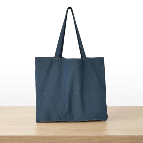Sacola jeans de cor sólida – Bolsa de mão de grande capacidade com zíper, design minimalista vintage, bolsa de ombro com bolso interno, Azul claro