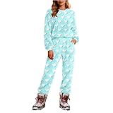 Flannel Pajamas Set for Women Heart Print Pullover Fuzzy Warm Long Sleeve Sleepwear Matching Plush Pj Pants Lounge Sets