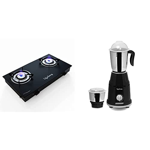 Image of Lifelong LLGS10 Glass Top, 2 Burner Manual Glass Gas Stove, Black & Lifelong LLMG93 500 Watt Duos Mixer Grinder, 2 Stainless Steel Jar (Liquidizing and Chutney Jar)(1 Year Warranty, Black)