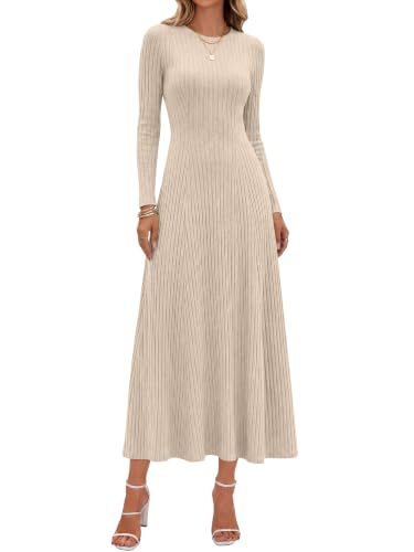 ANRABESS Womens Long Sleeve Ribbed Knit Fall Casual Maxi Dress,Beige,M