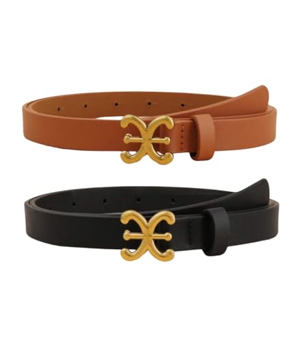 Women's Skinny Leather Belts with Gold Buckle, Set of 2, Brown and Black, 1-inch width, Ideal for Dresses, Jeans, and Coats, Black2