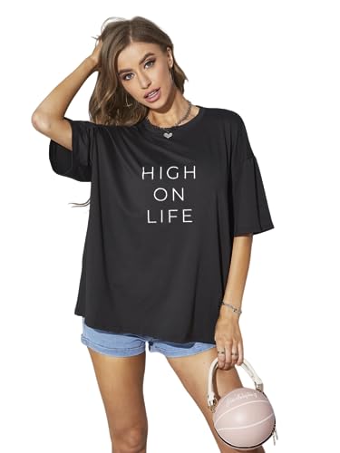 Image of Rigo Back Printed Half Sleeves Round Neck Oversized T-Shirt for Women | Drop Shoulder T-Shirt for Women | Loose Baggy Fit T-Shirt for Women /Girls