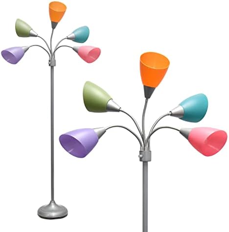 Simple Designs LF2006-SLM 67" Contemporary Multi Head Medusa 5 Light Adjustable Gooseneck Silver Floor Lamp with Fun Light Multicolored Shades for Kids Bedroom Playroom Living Room Office