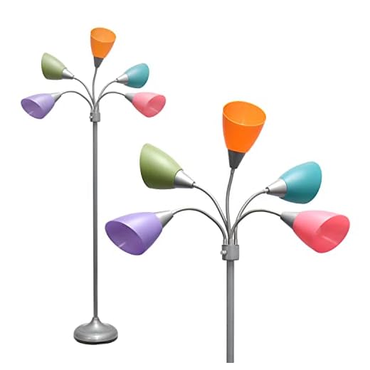 Simple Designs LF2006-SLM 67" Contemporary Multi Head Medusa 5 Light Adjustable Gooseneck Silver Floor Lamp with Fun Light Multicolored Shades for Kids Bedroom Playroom Living Room Office