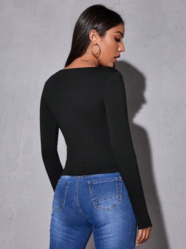 Image of Aahwan Women Cotton Blend Solid V-Neck Full Sleeves Fitted Tee Top