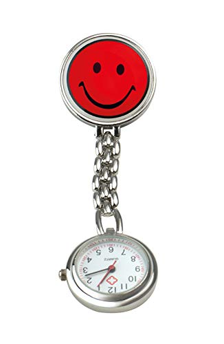 Preisvergleich Produktbild Pflegehome24 Schwesternuhr Smiley Pulsuhr Krankenschwesteruhr Kitteluhr Pflegeuhr mit Clip, (Rot)