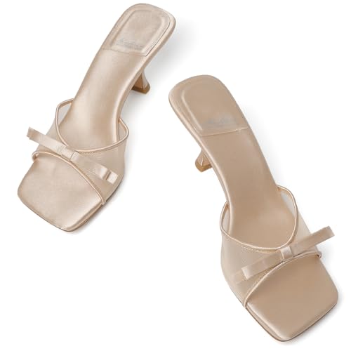Image of Mostrin Kitten Heels for Women Round Toe Heels With Bow Vintage Mules Sexy Slip on Stiletto Backless Sandals for Party Daily