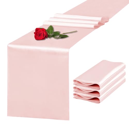 Yblut 4 Pack Satin Table Runner 12 x 108 Inch Long Rose Gold Silk Table Runner for Wedding Party Banquet Birthday Decoration