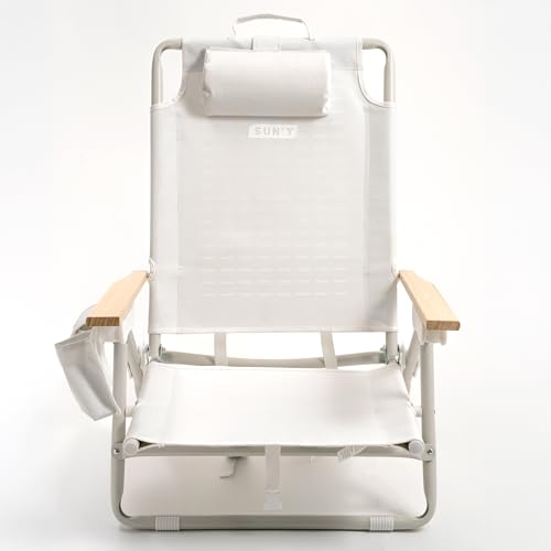 SUNY Escapes Backpack Beach Chair - Made w/Ocean Bound Plastics Customizable w/MOLLE Accessories Ultra Lightweight Low-Seat Natural Comfort Durable Rust Free & Waterproof - Seashell White