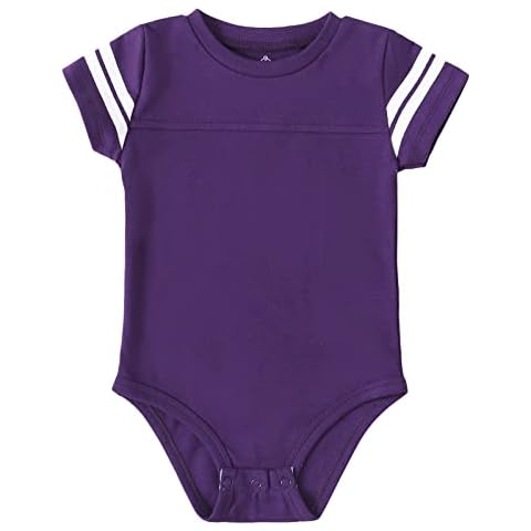 ROMPERINBOX Baby Football Jersey Onsies Raglan Bodysuit Customized Newborn Unisex Solid Sport Teams Romper with Contrasting Sleeve Stripes(Purple,3-6 Months) Cover