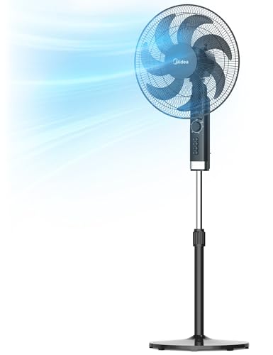 Midea MPF23MTBUK 50W Pedestal Fan 3 Speed Settings 7 Bionic Blades 90 Oscillation Adjustable Height Stand Fan 2H Timer AC Motor For Powerful and Quiet Operation Black