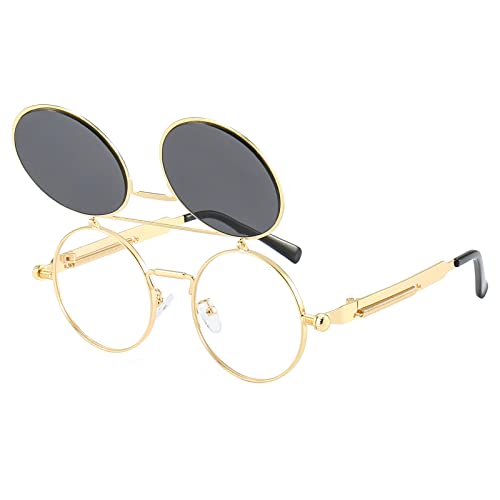 Dollger Flip Up Sunglasses Men Women Polarized Steampunk Flip Sunglasses with Double Lenses, Gold Frame Black Grey Lens, one size fits most