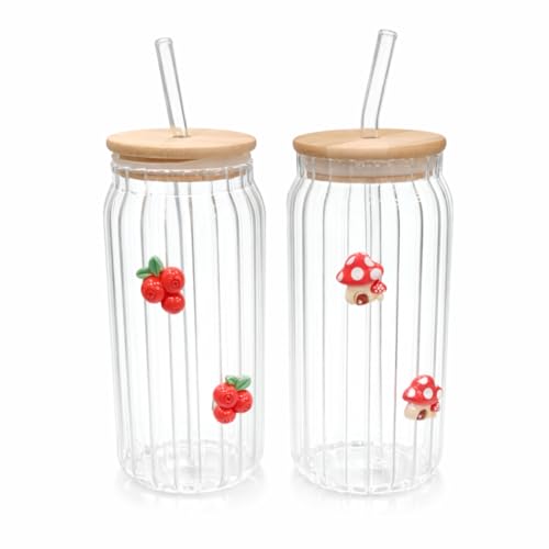Image of Ribbed Glass Tumbler with Bamboo Lid & Straw (400ml Each) | Cute Charms Aesthetic Can-Shaped Borosilicate Glass Sipper for Juice, Iced Coffee & Cold Drinks