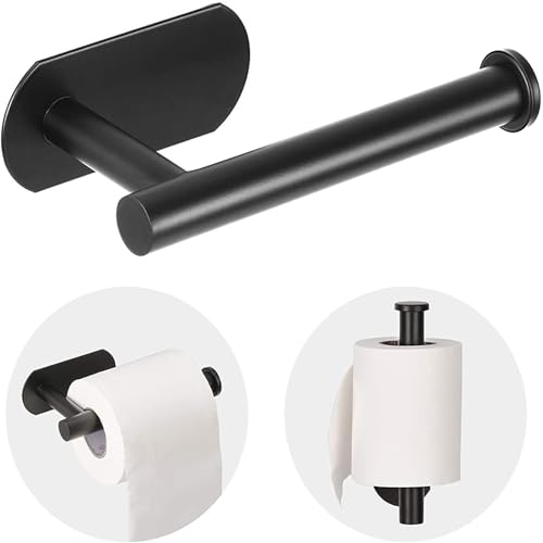 Rzoklot Toilet Paper Holder, Stainless Steel No Drilling Matte Black Toilet Roll Holder Wall Mount, Waterproof Self Adhesive Bathroom Tissue Organizer for Small Spaces, RV, Bathroom & Kitchen