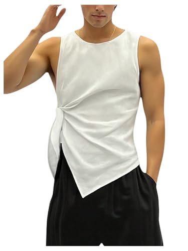 Men's Knot Side Sleeveless Tops Ruched Crew Neck Asymmetrical Hem Muscle Tank Tops