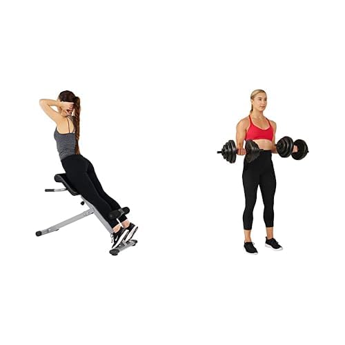 Sunny Health and Fitness 45 Degree Hyperextension Roman Chair, Steel, Grey, One Size + Exercise Vinyl 18 KG Dumbbell Set Hand Weights for Strength Training, Weight Loss, Workout Bench