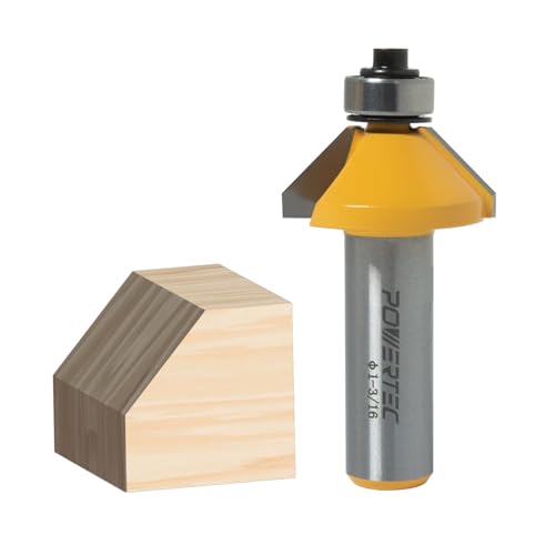 POWERTEC 45 Degree Chamfer Router Bit with Top Bearing, 1/2" Shank, 1-3/16" Cutting Diameter, Tungsten Carbide Tipped Woodworking Router Bits for use on Router Tool for Wood and DIY Projects (73050)