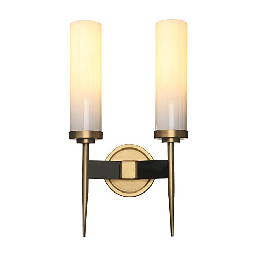 Image of PERMO Vintage Bronze Antique Single Wall Sconce Lighting Fixture with 2.8 inch Cylindrical Clear Glass Shade (1 Head) (2 Heads Milk White Glass Shade)