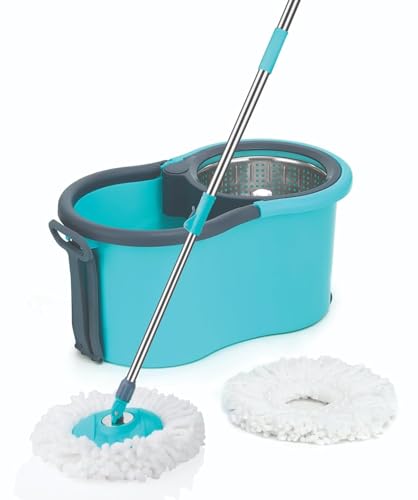 Image of Twin Bucket Spin Mop with Wheels and Puller Handle | 360 Adjustable Steel Handle | 2 High Absorbency Microfiber Refills | Pocha for Floor Cleaning - Home, Kitchen, Bathroom & Office