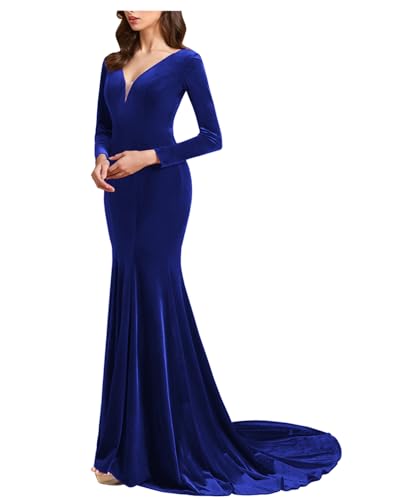 SZJMS Women's Deep V-Neck Velvet Prom Dresses Long Mermaid Court Train Evening Party Gown with Long Sleeves Royal Blue 6