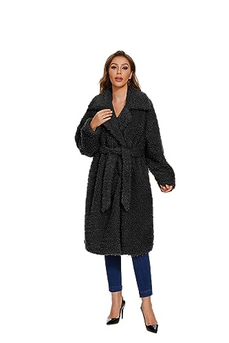 SUGAR POISON Women's Fuzzy Fleece Lapel Open Front Long Cardigan Coat With Belt Faux Fur Warm Winter Outwear Jackets2