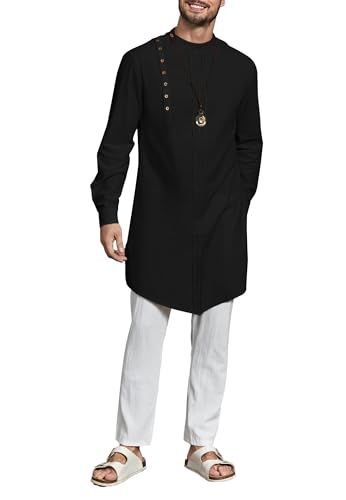 Gafeng Mens Kaftan Thobe Long Sleeve Robe Gown Casual Cotton Linen Button Muslim Shirt4