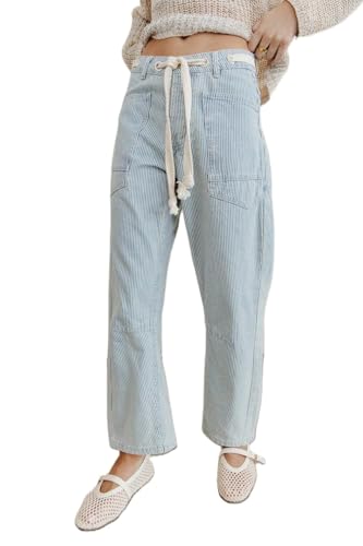 Drawstring Barrel Jeans Women Vintage Patchwork Low Rise Baggy Denim Pants Y2K Wide Leg Streetwear Casual