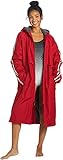 Sporti Unisex Swim Striped Parka with Plush Fleece Lining, Multi Pocket Zipper - Swim Coats for Women & Men - Quick Drying & Water Resistant Changing Robe - Red Shell/Charcoal Lining - Medium