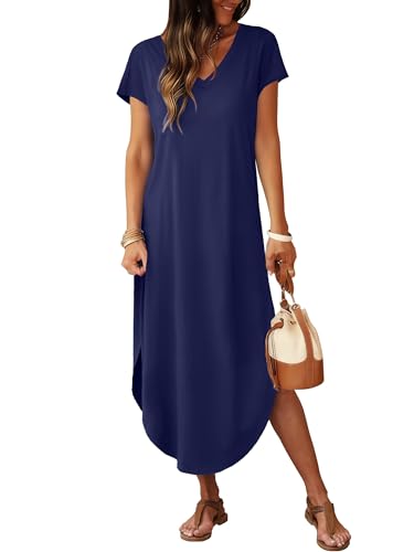 Image of RUMIA Summer Maxi Dresses for Women Cap Sleeve Long Sundress with Pockets