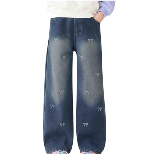 Kids Bow Embroidered Wide Leg Jeans - Loose Elastic Waist Boys Girls Stretchy Casual Denim Pants for 5-15 Years with Pockets