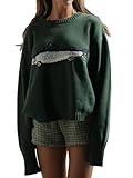 Women Knit Sweater Top Cute Graphic Oversized Knitwear Long Sleeve Pullover Top Loose Fit Fall Streetwear Y2k Tops(Fish Green,L)