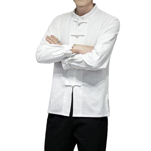 Chemise manches longues homme style chinois coton lin couleur unie mi-saison bouton grenouille