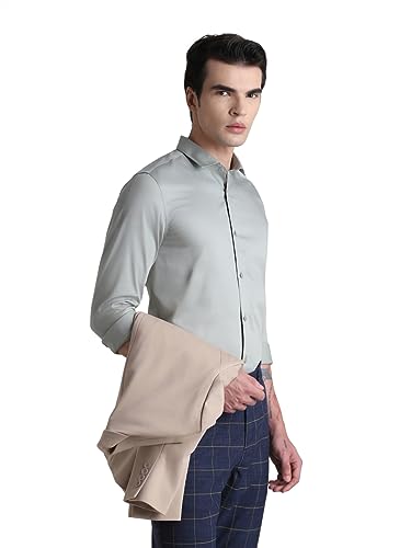 Image of Jack & Jones Men's Cotton Slim Fit Solid Opaque Checked Spread-Collar Casual Shirt