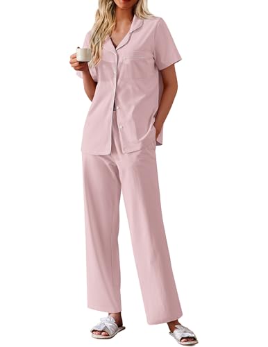 Ekouaer-Womens-100-Cotton-Pajamas-Set-Short-Sleeve-Button-Down-Pjs-2-Piece-Soft-Sleepwear-with-Long-Pants-Lounge-Set Ekouaer Women's 100% Cotton Pajamas Set Short Sleeve Button Down Pjs 2 Piece Soft Sleepwear with Long Pants Lounge Set - Image 1