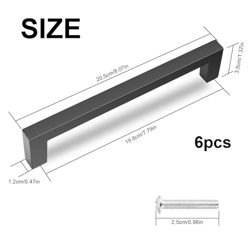 bssmmai 6 Stück Möbelgriffe Schwarz, Griffe für Küchenschränke, 192mm Küchengriffe, Modisch Edelstahl Quadrat Griffe für Küchen, Schubladen, Schrank, Möbel, Kleiderschrank(Schwarz, 192mm)