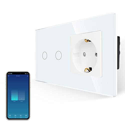 JIMEIDA Smart Touch Lichtschalter Unterputz mit Schuko Steckdose in Weiß Glas, 2- poliger Ausschalter Kompatibel mit Amazon Alexa, Google Home, Kein Neutrale Leitung Benötigt Cover