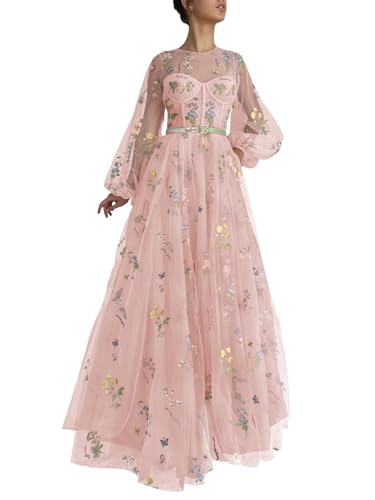 Women's Puffy Sleeve Tulle Prom Dresses Flower Embroidery Long Formal Evening Party Gowns with Pockets